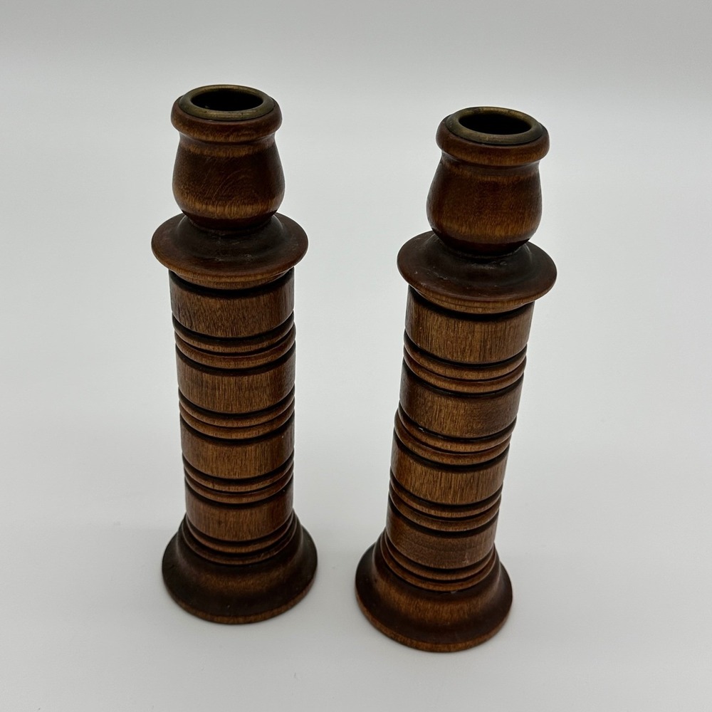 VTG Mid Century Modern Carved/ Turned Wooden Napkin Rings/ Candlestick VGUC
